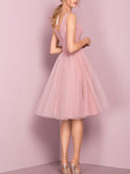 Princess A-line Knee Length Short Pink V Neck Tulle Homecoming Dress Party Dress JS680