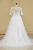 Mid-Length Sleeves Scoop Wedding Dresses A Line With Applique Organza