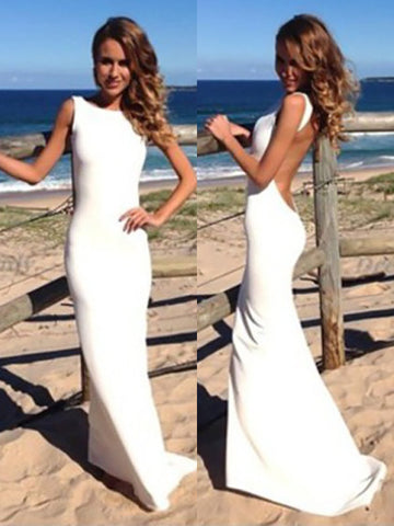 Sheath Backless Custom Made White Backless Mermaid Cheap Sexy Scoop Prom Dresses JS363