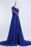 Prom Dresses Beaded&Ruffled One Shoulder Chiffon With Slit