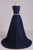 New Arrival V-Neck Prom Dresses A Line Beaded Waistline Court Train