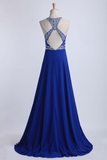 Halter A-Line/Princess Prom Dresses Tulle And Chiffon Dark Royal Blue Sweep Train