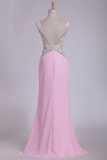 V Neck Open Back Sheath Prom Dresses Chiffon With Beads And Slit