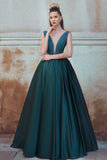 V Neck Satin Prom Dresses With Ruffles Bodice A Line