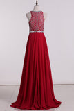 Prom Dresses A Line Scoop Beaded Bodice Chiffon Sweep Train