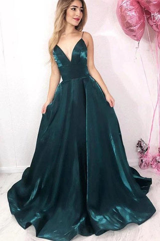 Long Green Spaghetti Straps V Neck Satin Prom Dresses, Evening Party SJS20422