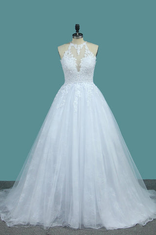 Tulle & Lace Wedding Dresses Scoop A Line With Applique Sweep Train