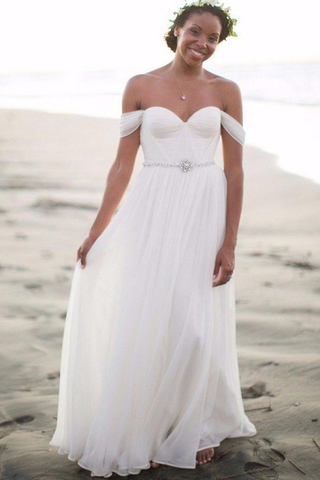 Elegant Off-shoulder Beading Sash Backless White Long Chiffon Wedding Dresses