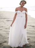 Off-the-Shoulder Empire Pleated White Sweetheart Backless Chiffon Beach Wedding Dress