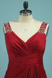 V Neck Prom Dresses A Line Spandex With Beads And Ruffles