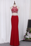 Halter Two-Piece Beaded Bodice Sheath Open Back Prom Dresses Spandex & Tulle Floor Length