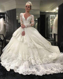 Long Sleeve V-neck Open Back Lace Ball Gown Wedding Dresses Bridal Dresses