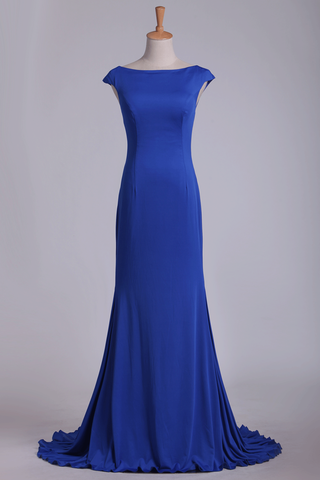 Open Back Bateau Spandex Evening Dresses Mermaid Sweep Train