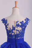 Dark Royal Blue Bateau A Line Evening Dresses With Applique Tulle