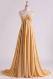 Prom Dresses A Line Empire Waist Sweetheart Chapel Train With Ruffles