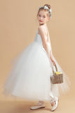 Ivory Straps Round Neck Flower Girl Dresses With Lace Appliques