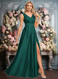 Claire A-line V-Neck Floor-Length Satin Prom Dresses JLP0025877