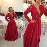 Open Back Lace Long Sleeve Deep V-Neck A-Line Button Long Cheap Prom Dresses JS954