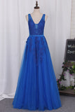 V Neck Prom Dresses A Line Tulle With Applique Open Back