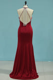 Mermaid Scoop Spandex With Beads And Slit Prom Dresses Open Back