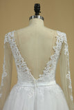 Boat Neck Wedding Dresses A-Line Long Sleeves Applique Tulle