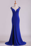 Prom Dresses Sheath Straps Spandex With Applique Open Back