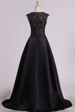 A Line Prom Dresses Scoop Cap Sleeves Floor Length Satin