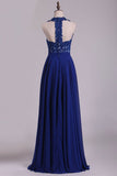 Chiffon V Neck A Line With Applique And Beads Prom Dresses Open Back