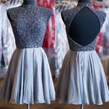 A-Line Open Back High Neck Beads Homecoming Dress For Teens JS333