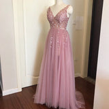 Delicate A Line V Neck Sleeveless Sweep Train Beading Prom Dresses with Split Side