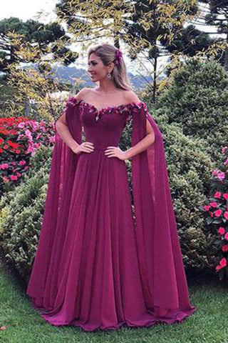 Elegant Off the Shoulder Chiffon With Flower Appliques Evening Dresses Prom Dresses