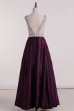 New Arrival A Line Scoop Prom Dresses Satin With Beads&Rinestones