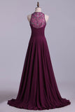 Scoop A-Line Prom Dresses With Beads And Ruffles Chiffon