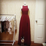 Pretty Burgundy Halter Sleeveless Long Chiffon Prom Dresses Open Back Prom Dresses JS135