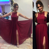 Pretty Burgundy Halter Sleeveless Long Chiffon Prom Dresses Open Back Prom Dresses JS135