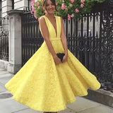 Deep V-neck Homecoming Dress, Cute Yellow Tea Length Lace Prom Dress HCD11