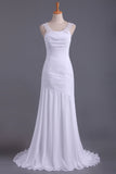 White Prom Dresses Straps Mermaid/Trumpet Ruffled Bodice Beaded Open Back