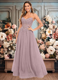 Samantha Ball-Gown/Princess V-Neck Floor-Length Tulle Prom Dresses With Sequins Appliques Lace JLP0025837