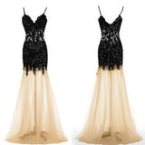 Black Lace Mermaid Unique Sweetheart Spaghetti Straps Tulle Sexy Prom Dresses JS988