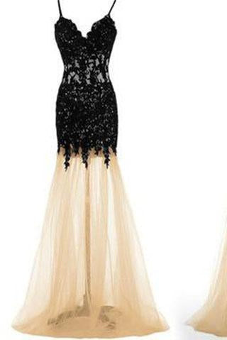 Black Lace Mermaid Unique Sweetheart Spaghetti Straps Tulle Sexy Prom Dresses JS988