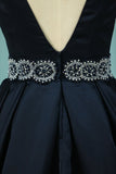 V Neck A Line Satin Prom Dresses With Beaded Waistline Asymmetrical