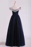 Off The Shoulder With Beading And Ruffles Prom Dresses A Line Tulle