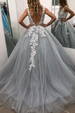 Lace Tulle A-Line V-Neck Appliques Formal Evening Dresses School Party Gown Long Prom Dresses