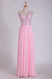 A Line Spaghetti Straps Prom Dresses Beaded Bodice Floor Length