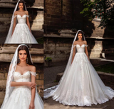 Gorgeous Off Shoulder Sweep Train Lace Up Back Tulle Wedding Dress With Appliques