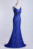 Evening Dresses Bateau Mermaid With Deep V Shape Back Lace&Tulle Dark Royal Blue