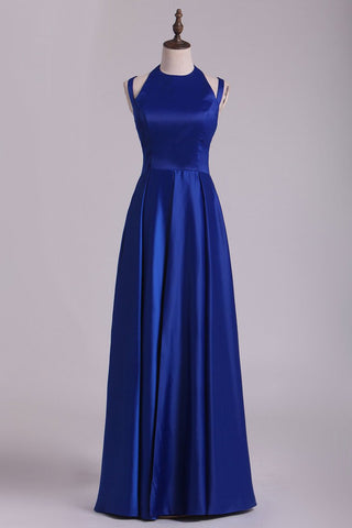 Scoop Prom Dresses A Line Open Back Stretch Satin With Slit Floor Length