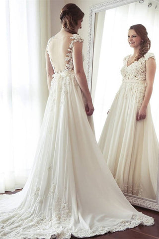 Delicate V Neck Cap Sleeves Sweep Train Backless Wedding Dresses