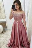 Chic Burgundy Off Shoulder Floor Length Satin Lace Prom Dresses