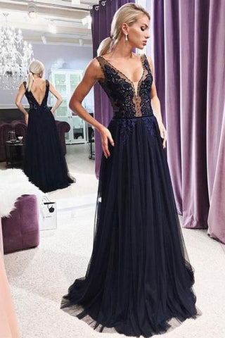 Simple Black Deep V Neck Open Back Tulle Lace Prom Dresses